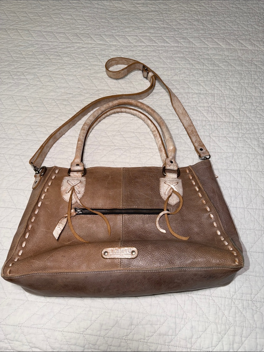 Bed Stu Rockaway Two-Tone Brown and Gray Leather Shoulder Bag with Top Handles